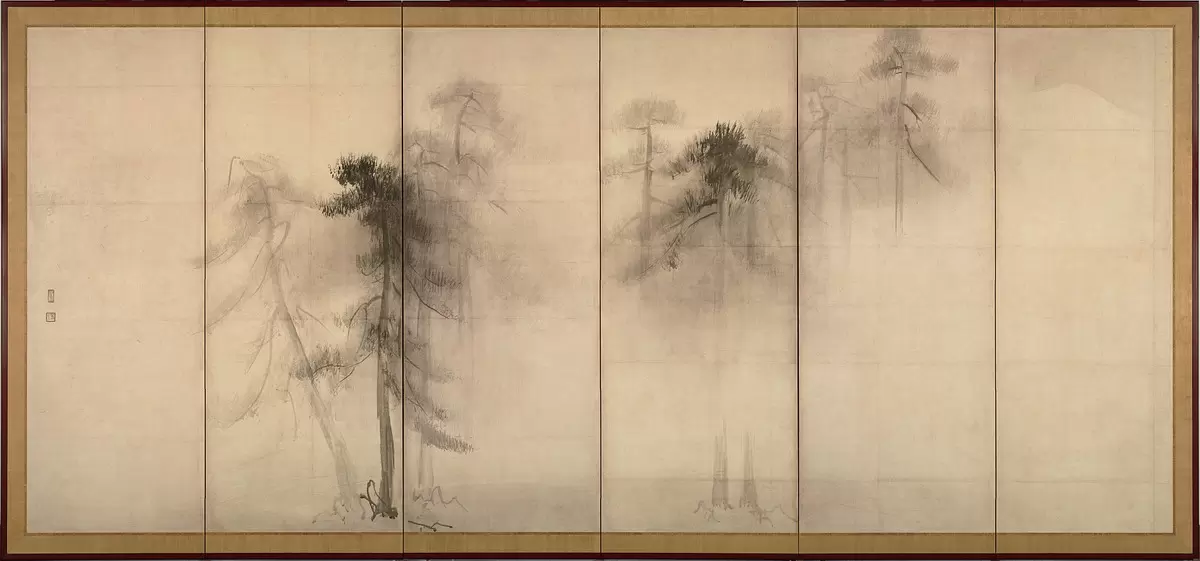 Sumi-e. Hasegawa Tohaku Pine Trees. Хасэгава Тохаку. Сосновый лес, левая сторона